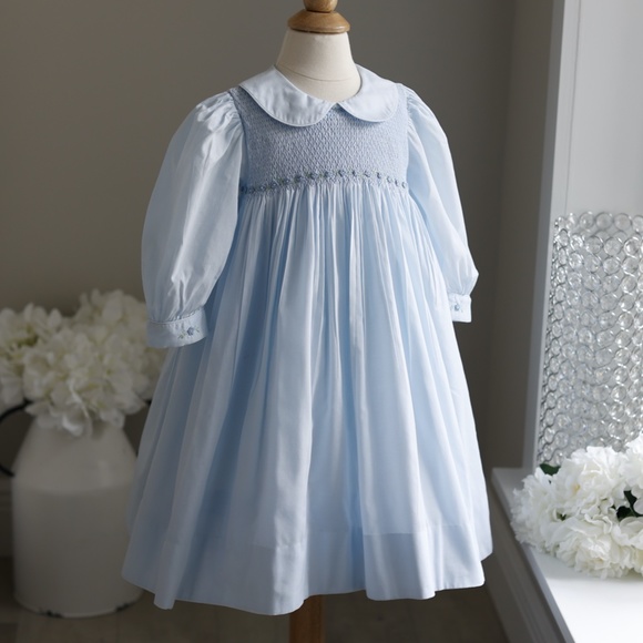 Strasburg Dress Long Sleeve Light Blue Hand Smocked Embroidery Like New - Picture 1 of 6